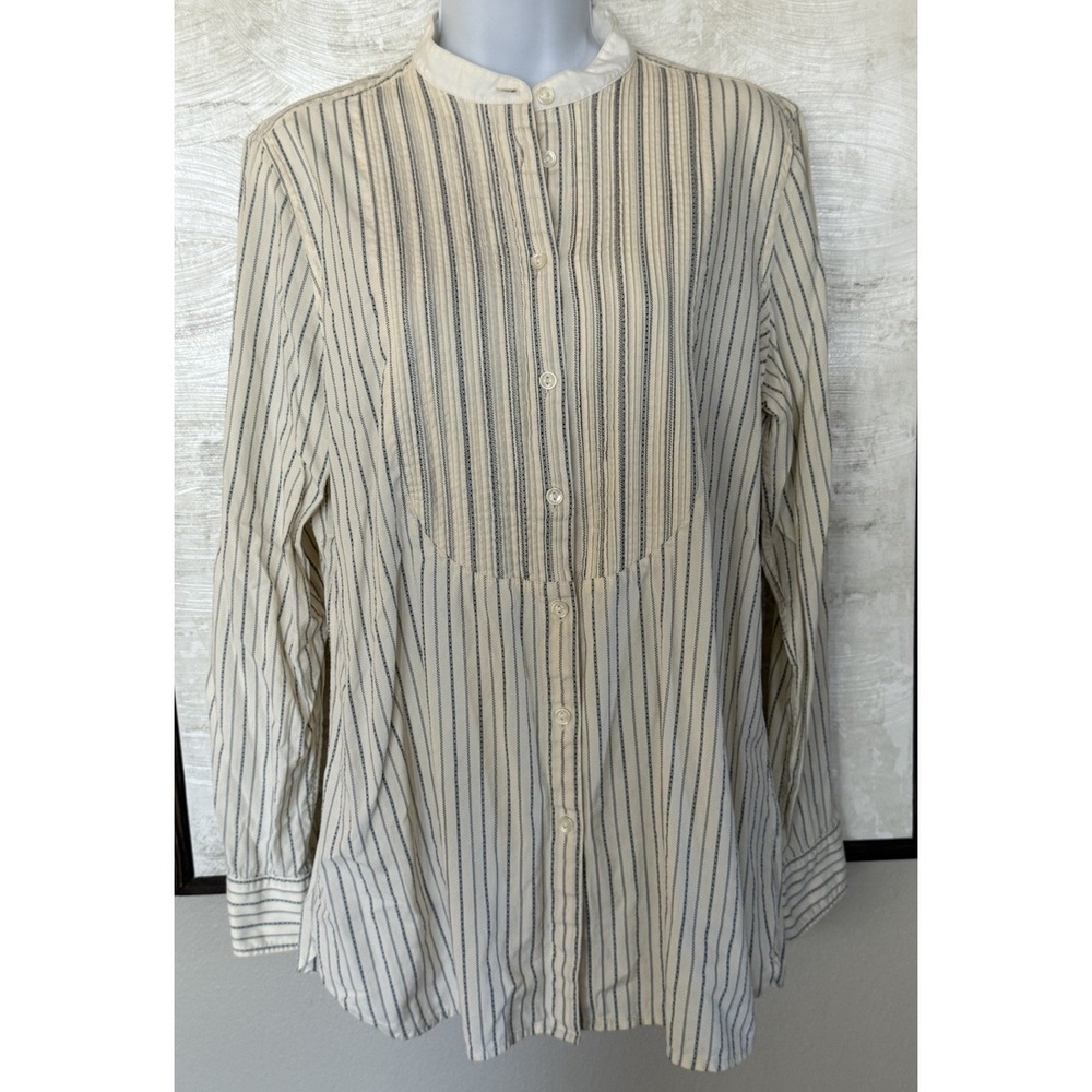 LRL Ralph Lauren Womens Tux Blouse Cotton Button Up Tunic Striped Pleated Large